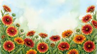 Watercolor field of vibrant red and orange gaillardia blanket flowers with lush green foliage on a soft sky background with copy space.
