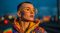 Young woman with short hair wearing yellow glasses and colorful hoodie against blurred city lights at dusk, creating vibrant urban portrait.