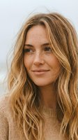 Young blonde woman with wavy hair and freckles smiling warmly in natural light wearing beige sweater for lifestyle and beauty content.