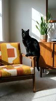 Black cat sitting on wooden furniture next to mid-century modern chair with geometric pattern upholstery, potted plant, and natural sunlight in contemporary home interior design setting.