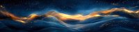 Abstract cosmic landscape with flowing golden and blue waves against starry space background, creating ethereal panoramic view of mystical energy streams.