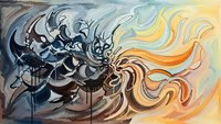 Abstract flowing composition with dark and light swirling forms creating dynamic movement from cool grays to warm oranges and yellows for modern decor.