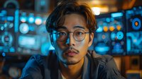 Young Asian male professional with glasses in modern tech environment illuminated by blue ambient lighting and bokeh effects, creating moody atmospheric portrait.