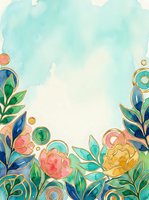 Watercolor floral border with gold outlines, pink and yellow peonies, teal leaves on soft mint background, copy space for text.