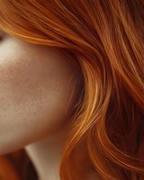 Close-up of flowing copper red hair and freckled skin showing natural beauty and texture. For beauty, cosmetic, and haircare advertising campaigns.