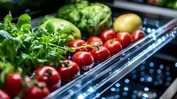 Fresh organic produce in modern refrigerator drawer with ripe tomatoes on vine, crisp lettuce heads and golden potatoes, showcasing healthy food storage.
