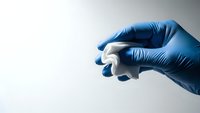 Medical professional hand in blue latex glove holding white pill tablet against clean background for healthcare pharmaceutical treatment concepts.