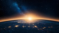 Sunrise over Earth with glowing city lights visible on dark side of planet against starry space background with Milky Way galaxy.