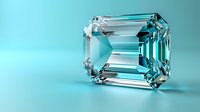 Emerald cut aquamarine gemstone with brilliant facets on turquoise background. Luxury jewelry stone with transparent crystal structure and light reflections.