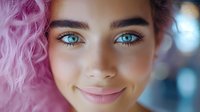 Young woman with bright blue eyes and pink curly hair smiling gently at camera. Close up portrait with soft bokeh background and natural makeup look.