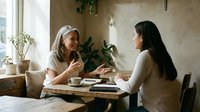 Two women having friendly conversation over coffee at wooden table in cozy home interior with plants and natural light streaming through window.