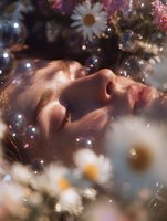 Dreamy close-up profile of young woman surrounded by daisies and soap bubbles in soft natural lighting, creating ethereal spring atmosphere with bokeh effects.