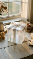 Elegant gift box with satin ribbon on rustic wooden table by window with warm natural light, dried flowers and coffee mug creating cozy home atmosphere.