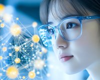 Young Asian woman in glasses looking at glowing network visualization with connected nodes against blue background. Modern technology concept.