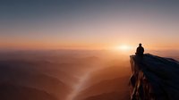 Person sitting on mountain cliff edge watching sunrise over misty valley landscape for meditation and adventure concepts.