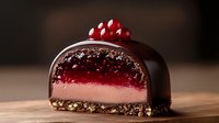 Dark chocolate dome dessert with raspberry mousse layer and fresh berries on top, placed on wooden surface. Elegant patisserie creation shows cross-section revealing multiple layers.