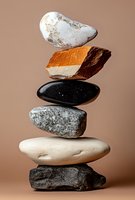 Stacked stones and rocks balanced in tower formation against neutral background, symbolizing stability, balance, and harmony for wellness and meditation concepts.