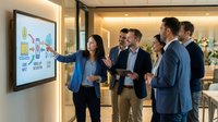 Young female professional with dark hair and South Asian ethnicity, wearing blue blazer, presenting digital strategy infographic on interactive display screen to diverse group of male and female colleagues in modern office corridor during business meeting or training session.