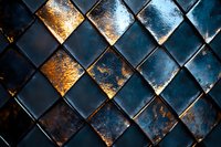 Metallic diamond pattern with blue and gold tones creating dramatic light effects on textured surface. Abstract architectural detail for luxury design background.