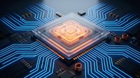Futuristic microprocessor chip with glowing orange core and blue circuit pathways on dark background for technology and computing concepts.