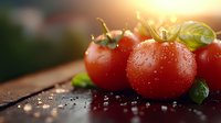Fresh ripe cherry tomatoes with water drops on dark wooden surface in golden sunlight, macro shot with selective focus and natural bokeh effect.