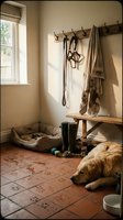 Cozy rustic mudroom interior with golden retriever dog resting on terracotta tile floor, wooden bench, coat hooks, boots and natural sunlight streaming through window.