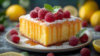 Golden lemon cake topped with fresh raspberries and mint, dusted with powdered sugar on rustic plate. Homemade dessert for bakery menu or recipe blog.