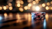 Colorful friendship bracelet with chevron pattern on wooden surface against blurred bokeh lights creating magical evening atmosphere.