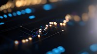 Close-up of electronic circuit board with glowing LED lights and microchips. Modern technology hardware component for computer systems and digital devices.