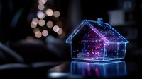 Glowing holographic house with purple and blue neon lights on dark background with bokeh effect creates futuristic smart home technology concept.