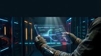 Futuristic cyberpunk hacker using holographic interface in dark server room with neon lights for technology and sci-fi projects.