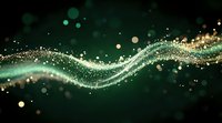 Magical glowing wave of sparkling particles flowing on dark green background with bokeh light effects and golden elements creating ethereal atmosphere.