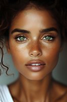 Close up portrait of young mixed race woman with striking green eyes, freckles, and natural makeup against neutral background. Perfect for beauty and skincare advertising.