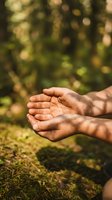 Open cupped hands reaching forward in protective gesture against blurred green forest background with warm sunlight filtering through trees.