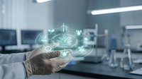 Healthcare professional displaying holographic medical technology interface with interconnected health icons in modern hospital laboratory setting.