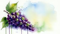 Watercolor grape cluster with green leaves dripping paint on soft background for wine labels, kitchen decor, and culinary designs.
