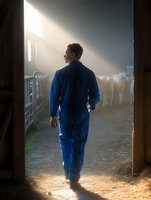 Young Caucasian farmer in blue overalls walking through sunlit barn with dairy cows in background, creating atmospheric morning scene with dramatic light rays and shadows.