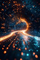 Abstract digital tunnel with glowing orange and blue light trails creating futuristic cyber pathway effect. Dynamic motion through technological corridor.