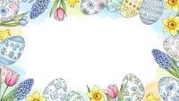 Easter frame with decorated eggs, spring flowers, tulips and daffodils on white background. Seasonal holiday border for greeting cards and festive designs.