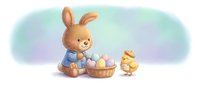 Adorable bunny rabbit in blue outfit sitting with Easter egg basket next to cute yellow chick on soft pastel background for spring holiday celebrations.