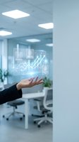 Business professional hand displaying holographic financial data analytics charts in modern office environment for corporate presentations.