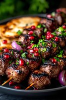Grilled beef kebabs with pomegranate seeds, fresh herbs, and red onion on wooden skewers. Juicy meat glazed with marinade creates appetizing char marks.