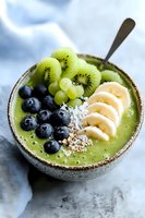 Green smoothie bowl topped with fresh kiwi, blueberries, banana slices, grapes, coconut flakes and oats served in ceramic bowl on light background.