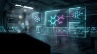Futuristic laboratory with holographic molecular structures and scientific data displays in high-tech research facility for biotechnology innovation.
