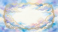 Watercolor cloud frame with golden ornate border on pastel blue and pink sky background for wedding invitations and greeting cards.