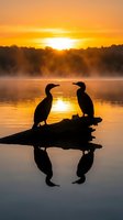 Two cormorants perched on a log at sunrise over misty water, silhouetted against golden sky. Wildlife and nature photography for editorial and design use.