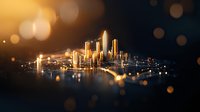 Glowing golden cityscape with modern skyscrapers reflecting on water surface at night, illuminated by warm lights with bokeh effect in foreground.