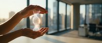 Hands holding glowing DNA helix symbol against modern office window with city skyline, representing biotechnology, genetic research, and scientific innovation in healthcare.