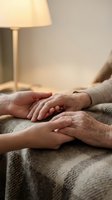 Caring hands of young and elderly person showing support and compassion in warm home setting with soft lighting and cozy atmosphere.