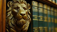 Majestic bronze lion head sculpture against blurred law library background with vintage books. Classical architectural detail symbolizing strength and justice.